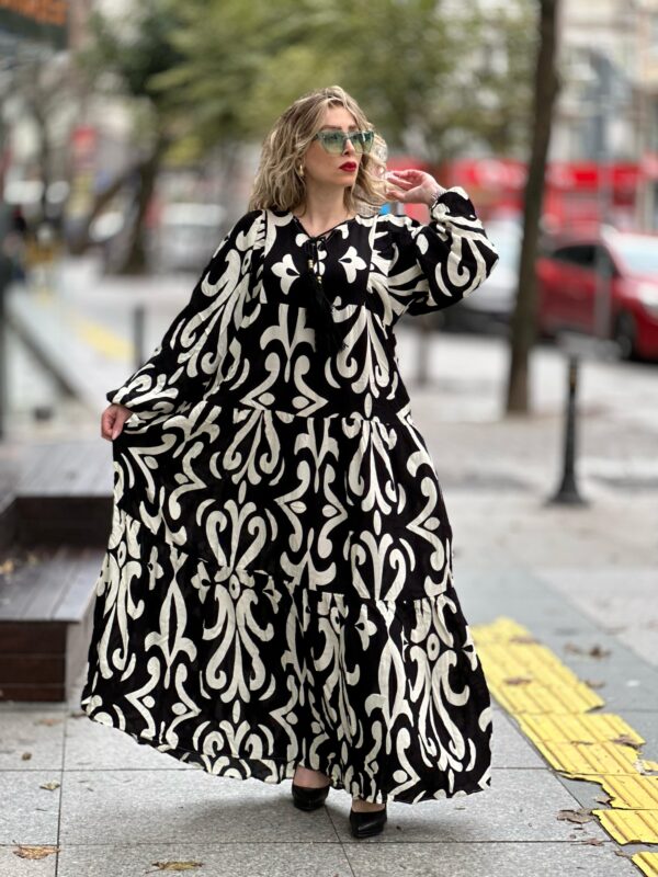 Siyah Etnik Desen Maxi Boy Elbise