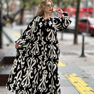 Siyah Etnik Desen Maxi Boy Elbise