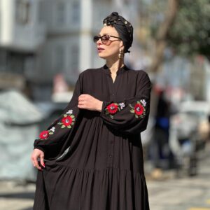 NAKIŞ DETAYLI ÖZEL BOHEM SERİ SİYAH AMİNE ELBİSE